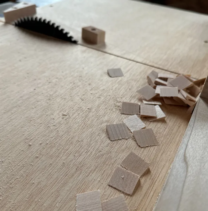 Small wood offcuts on the table beside a circular saw blade.