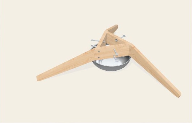 3D view of the assembled Triangle Stand, with three maple legs, thumb screws, and a stainless steel water bowl.
